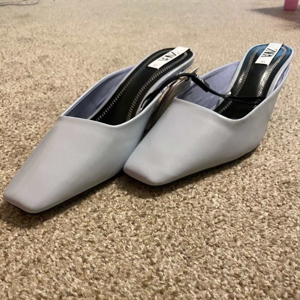 Light blue kitten heel square heels